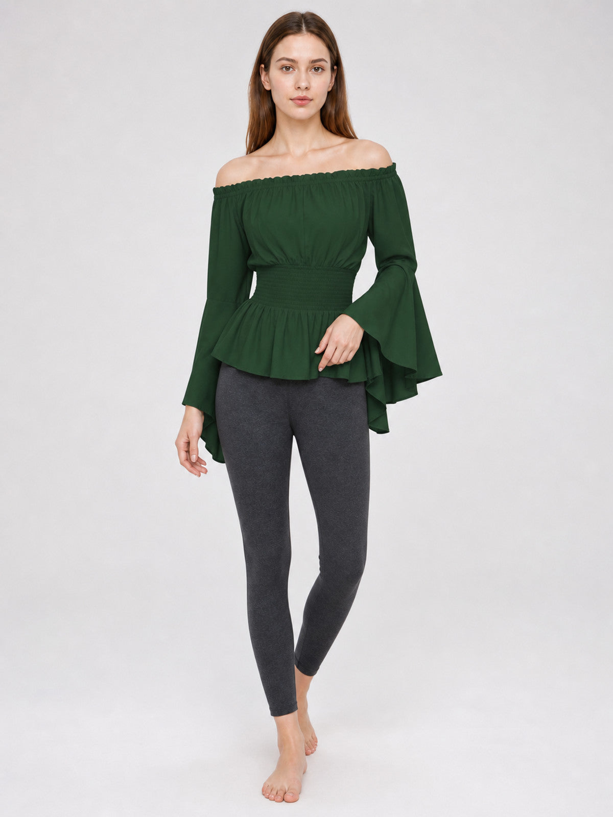 Dark Green Off-Shoulder Peplum Blouse