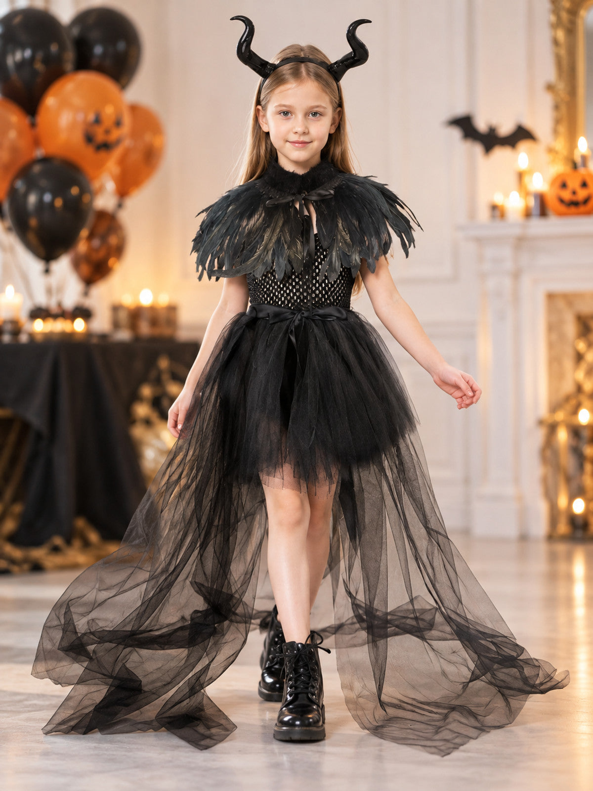 Kids' Witch Costume Black with Feathers and Mesh