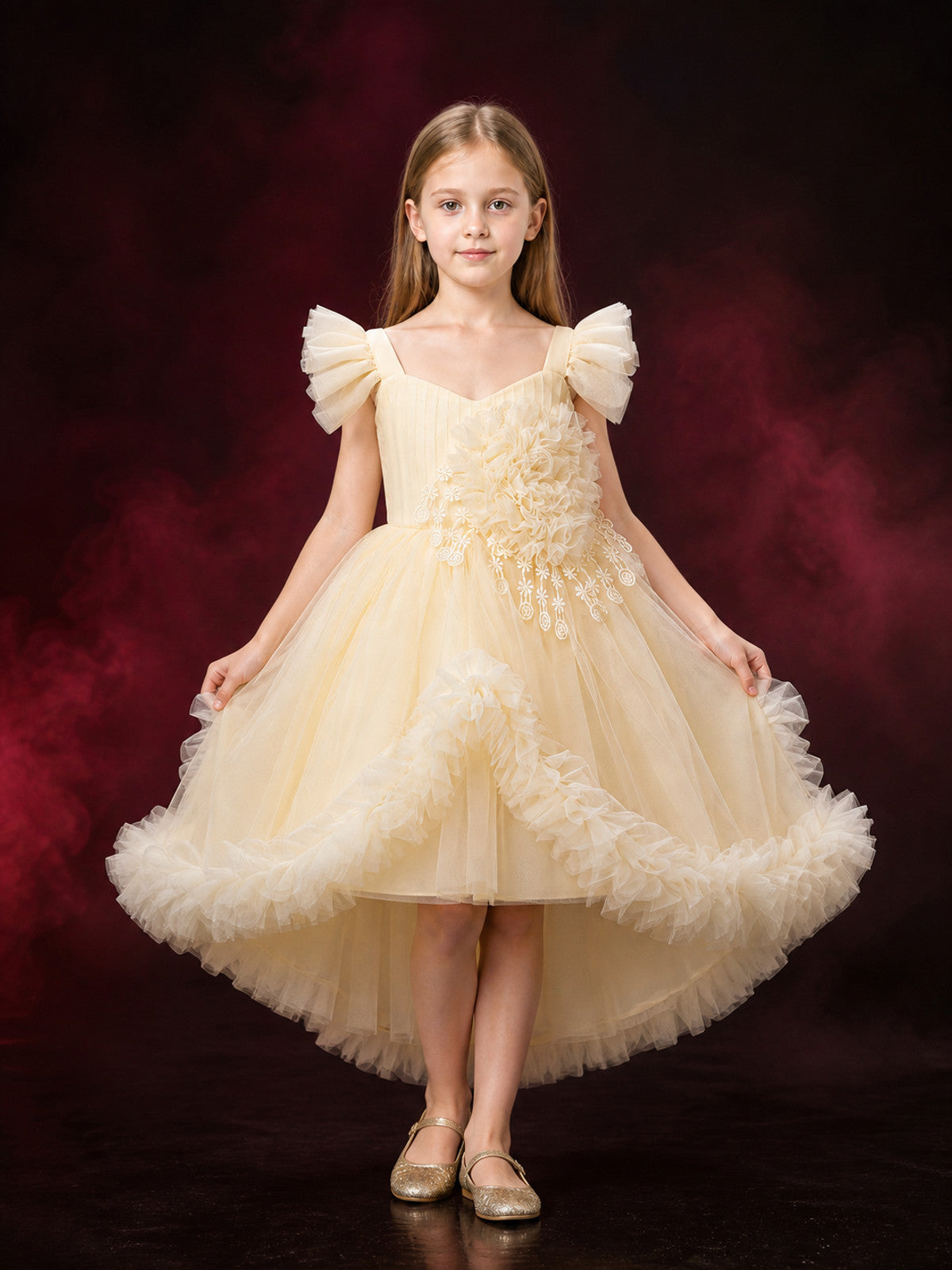 Baby Girls' Champagne Princess Flower Girl Dress, Ruffled Floral Embroidery Gown main product view