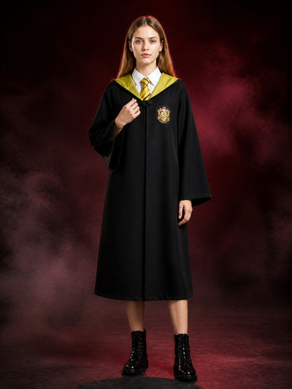 Hufflepuff Long Hooded Wizard Robe Costume Set with Striped Tie for Halloween main product view