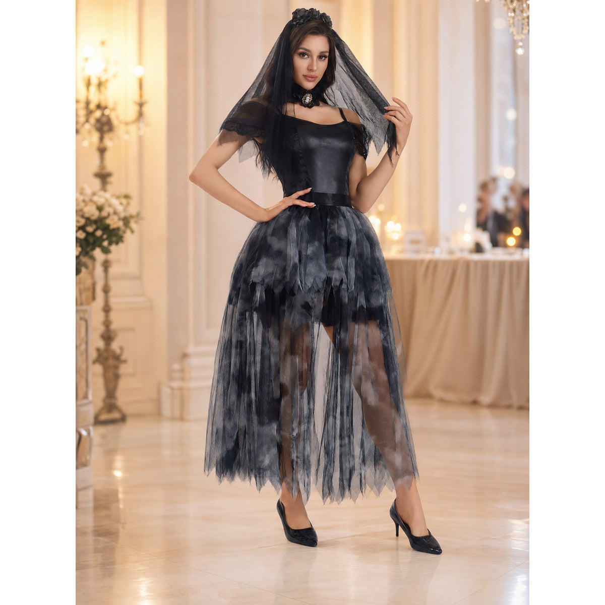 Gothic Black Cosplay Dress, Shorter in Front