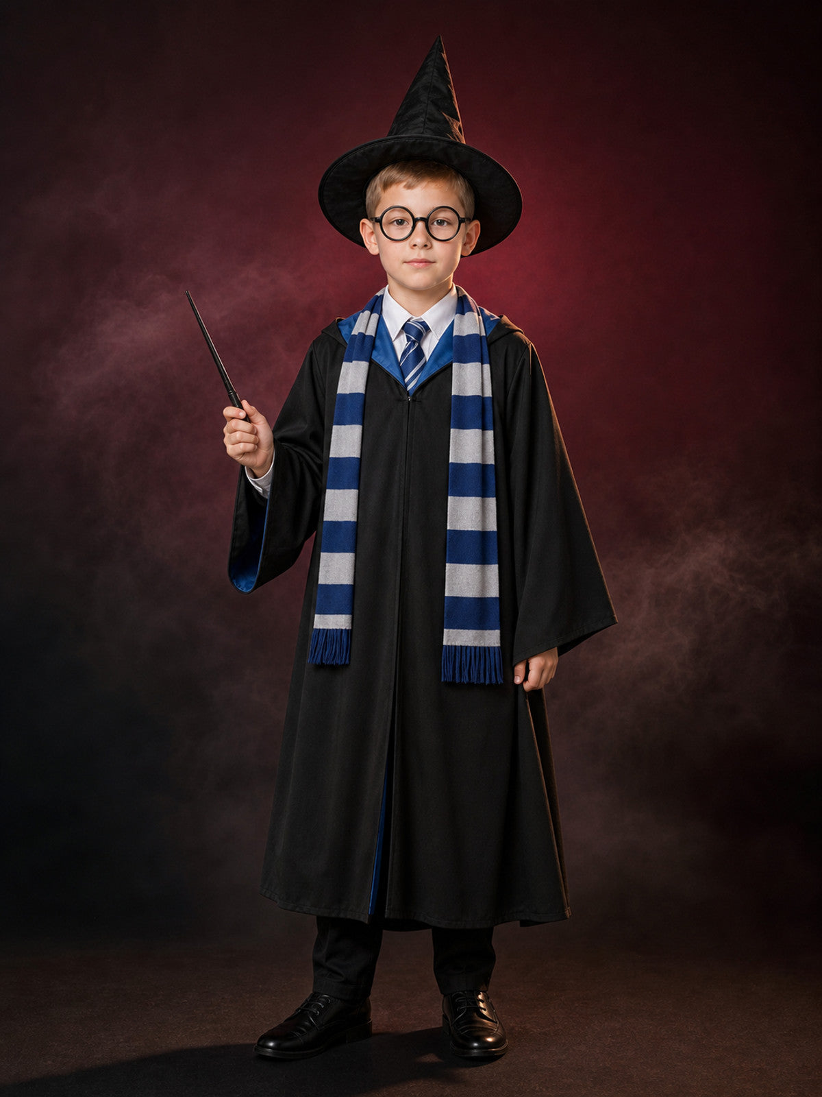 Wizard Costume Set With Robe, Hat, Tie, Scarf, Wand And Round Glasses main product view