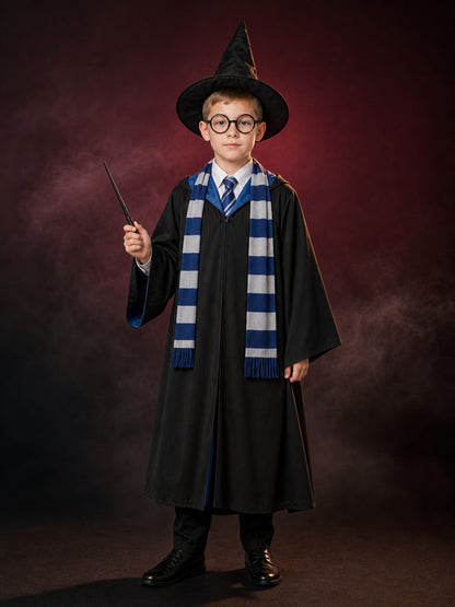 Wizard Costume Set With Robe, Hat, Tie, Scarf, Wand And Round Glasses main product view