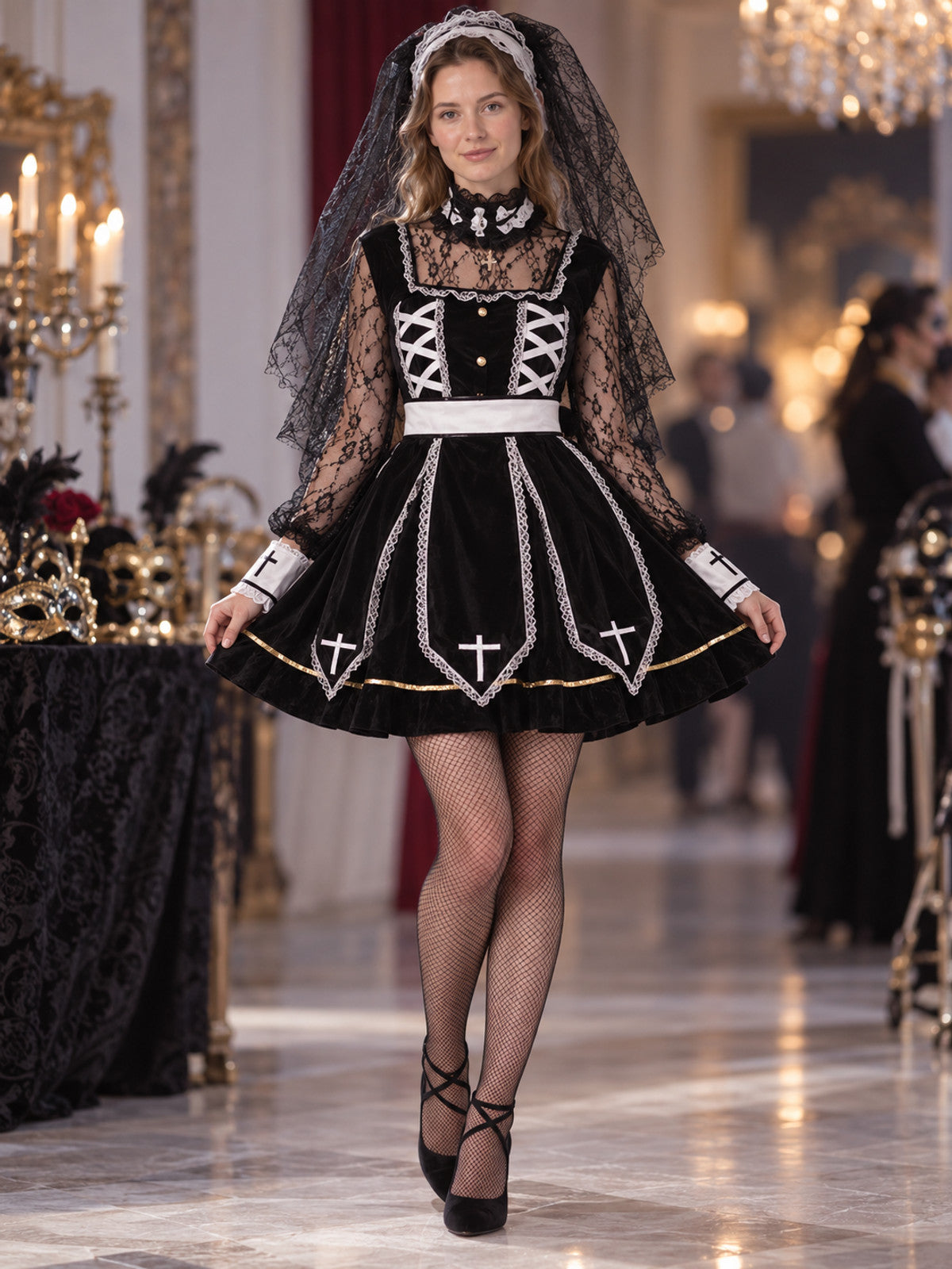 Carnival Costume with Crosses and Sheer Veil