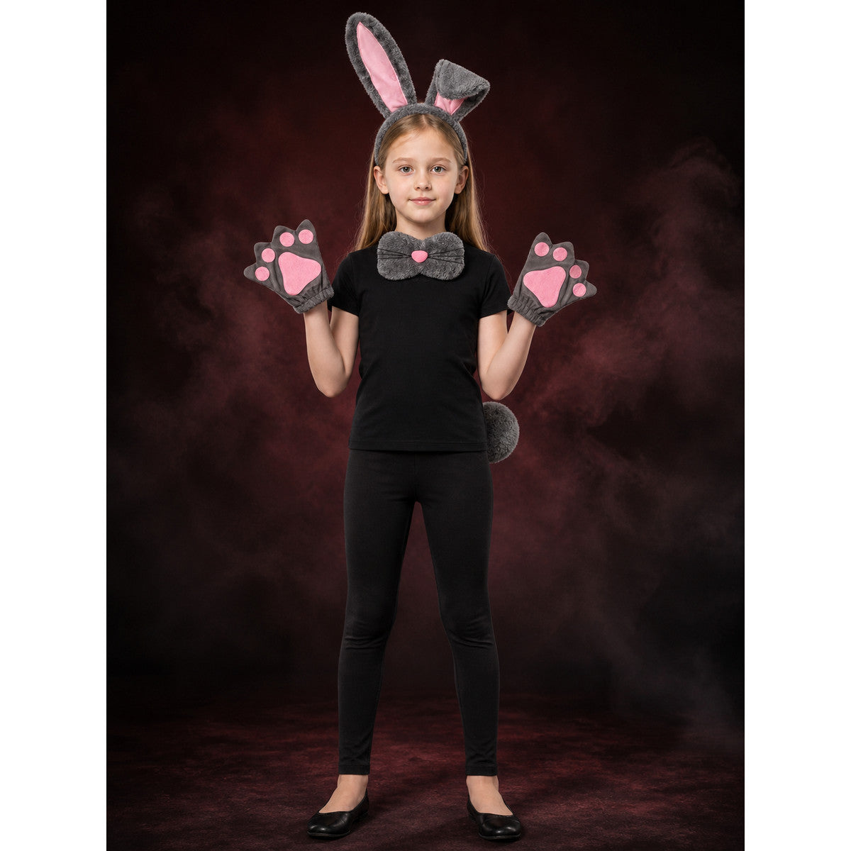 Girls' Gray Rabbit Costume Accessory Set With Ears, Paw Gloves, Bow Tie And Tail lifestyle