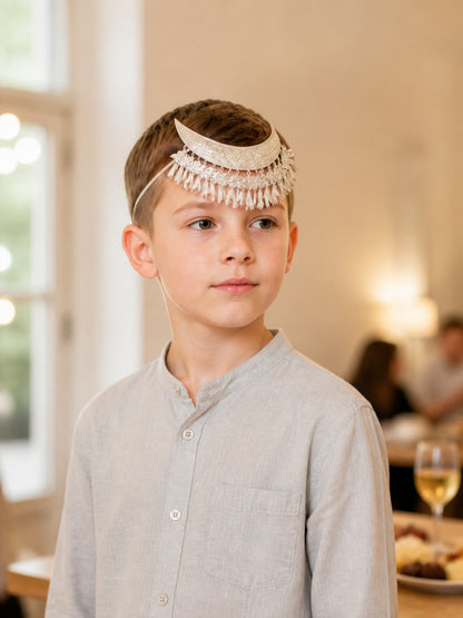 Carnival Headpiece, Silver Crescent Moon with Tassels lifestyle view