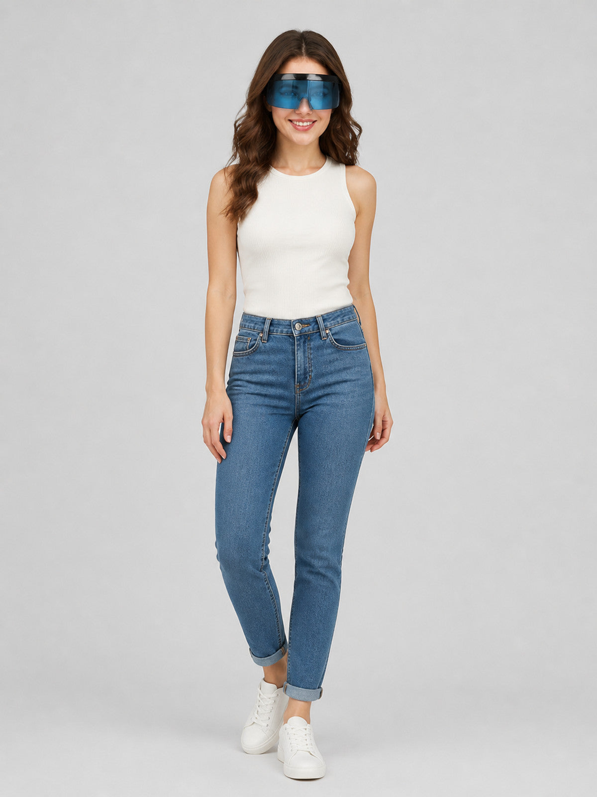 Futuristic Blue Glasses with a Wide Black Frame