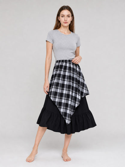 Layered Plaid Skirt with Asymmetrical Draping