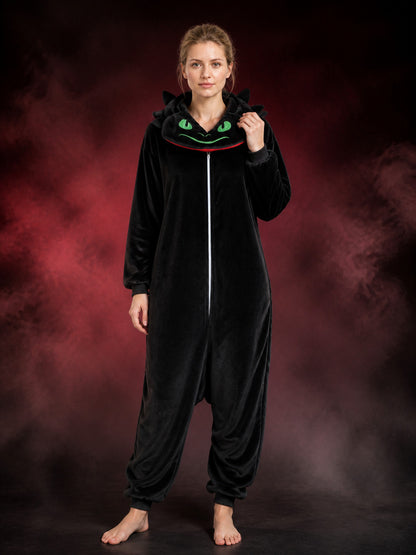 Black Dragon Animal Jumpsuit Costume, Hooded Long-Sleeve One-Piece Outfit main product view