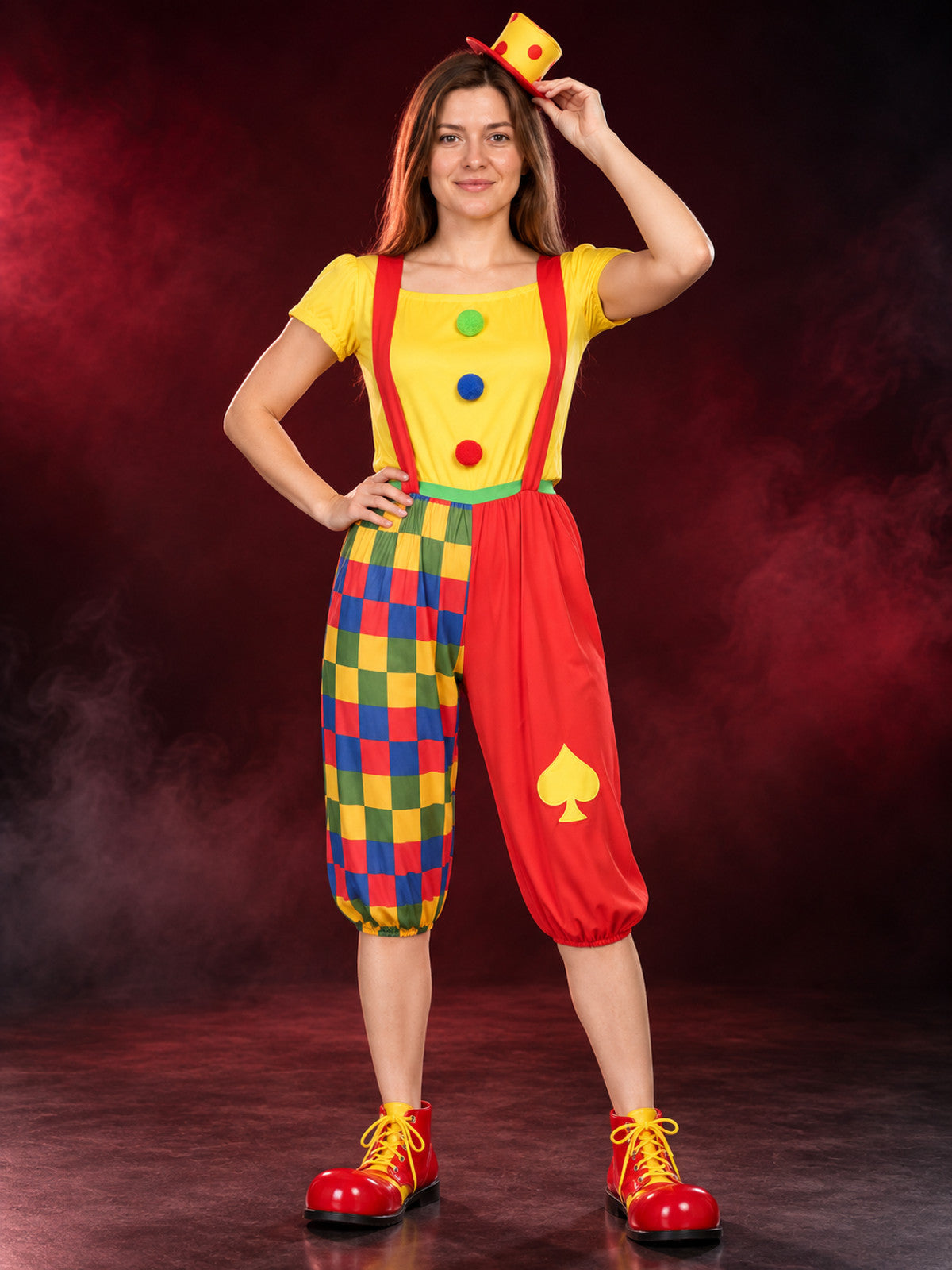 Clown Costume with Yellow Hat and Multicolored Pants