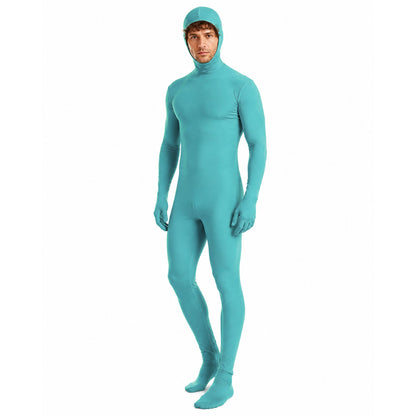 Turquoise Zentai Costume with Hood and Open Face on-model front view