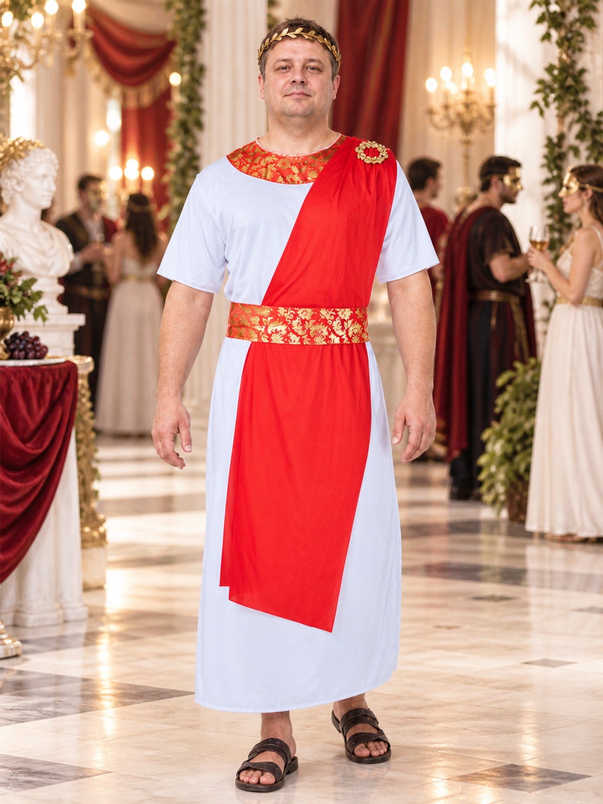 Carnival costume with red drape and ornament