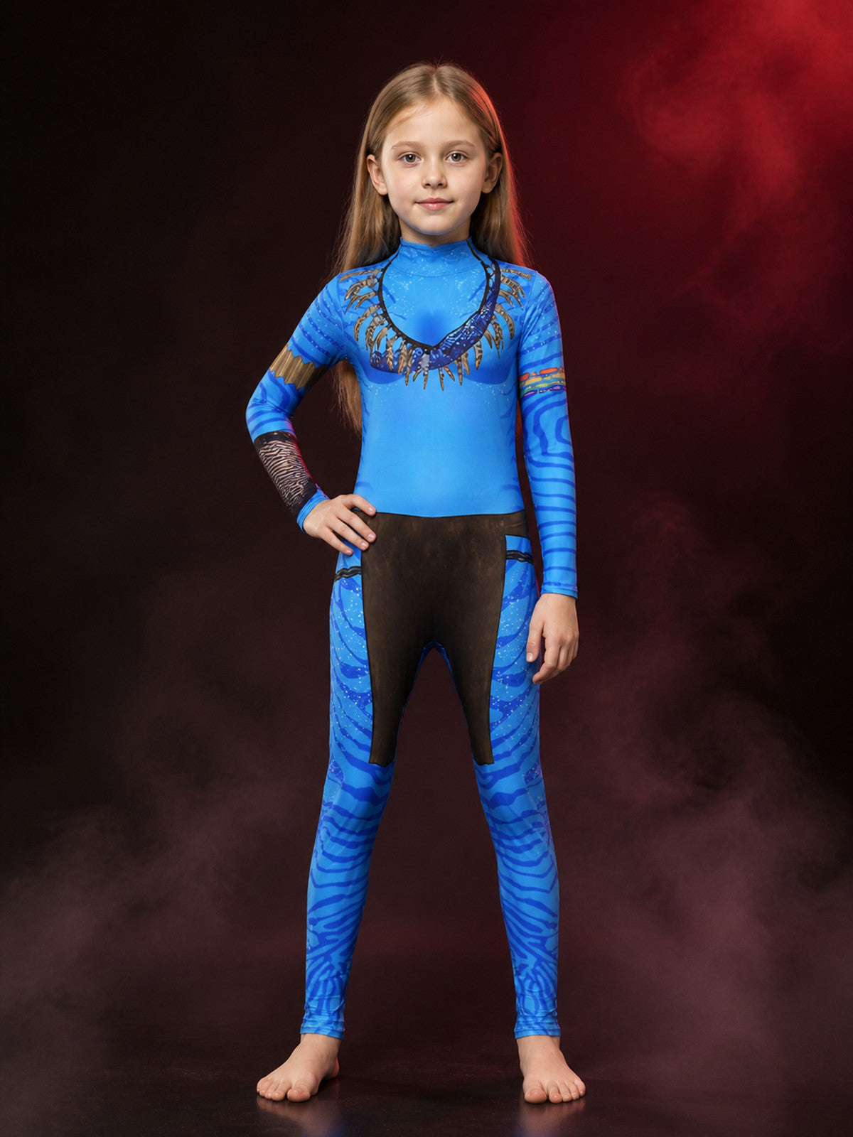 Kids Blue Striped Bodysuit Costume, High Collar Long Sleeve, Halloween Outfit main product view
