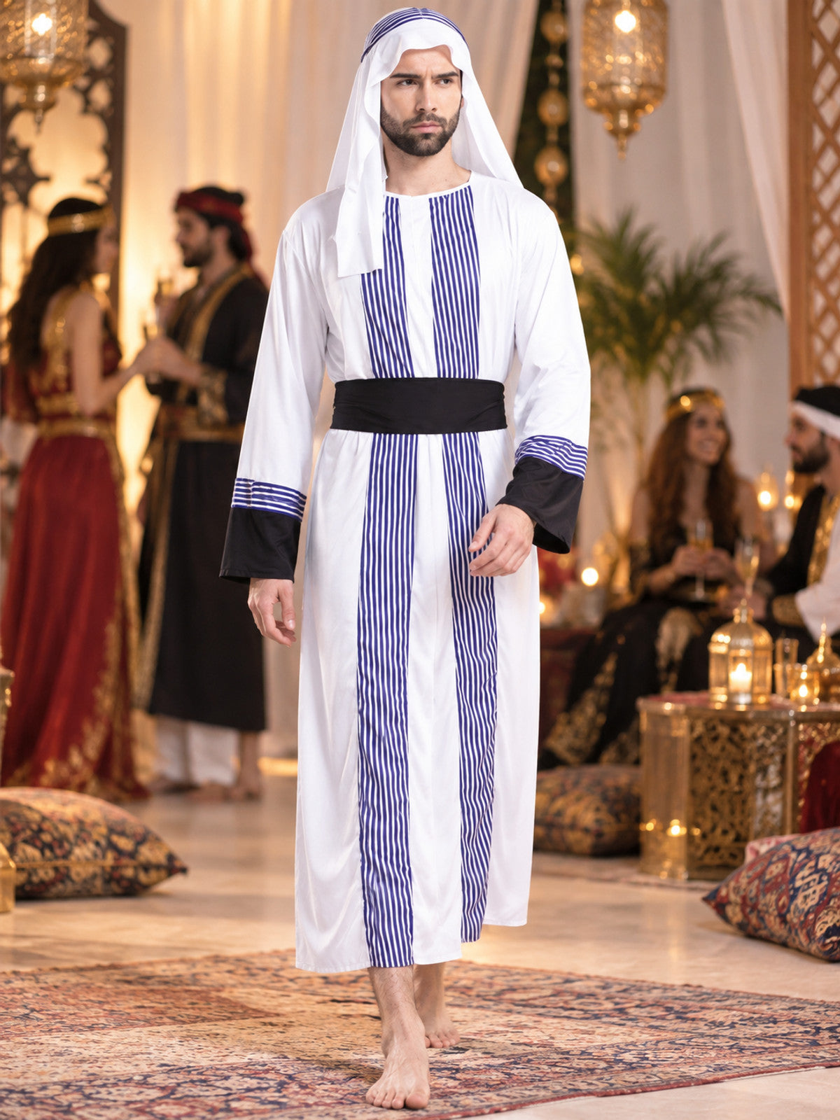 Sheikh Costume: Long Striped Robe, Headscarf, Belt
