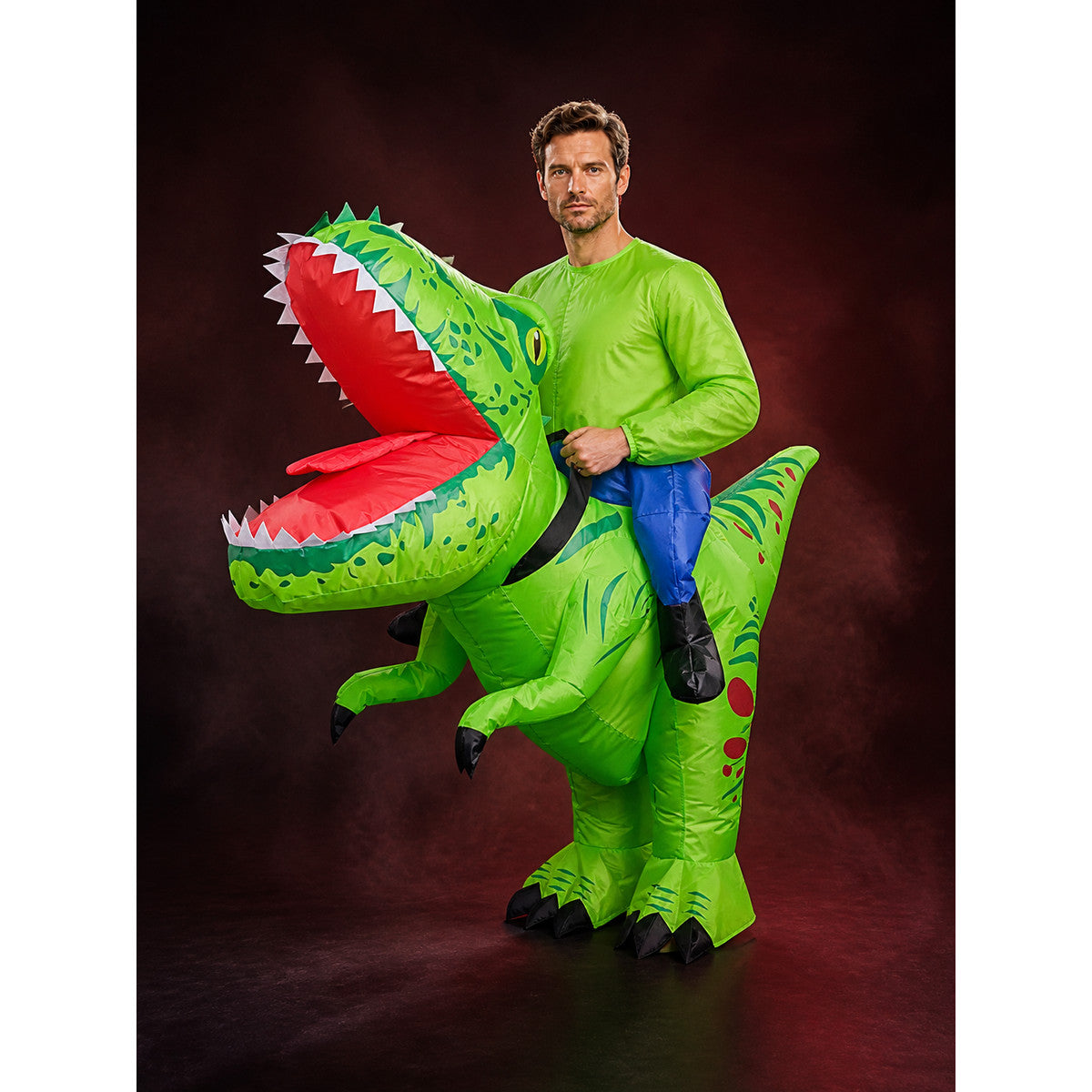 Kids Inflatable Dinosaur Costume, Green with Spots and Stripes, Halloween Party main product view