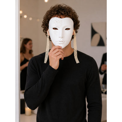 White Carnival Mask with Gold Ribbons for Halloween lifestyle view
