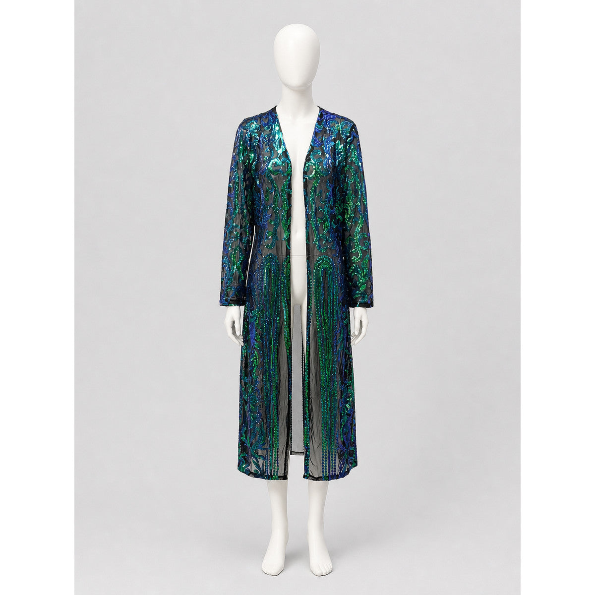 Long Sequin and Embroidered Open-Front Cardigan