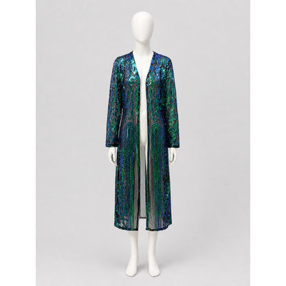 Long Sequin and Embroidered Open-Front Cardigan