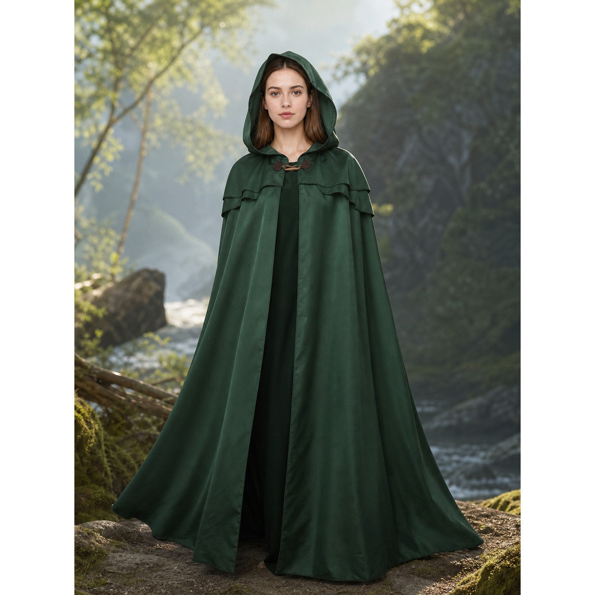 Dark Green Hooded Cape with Pendant