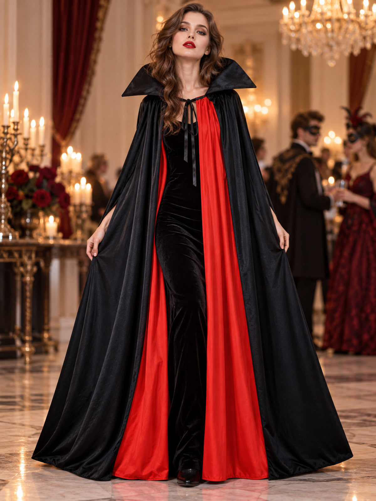 Long Black and Red Carnival Cape with Collar