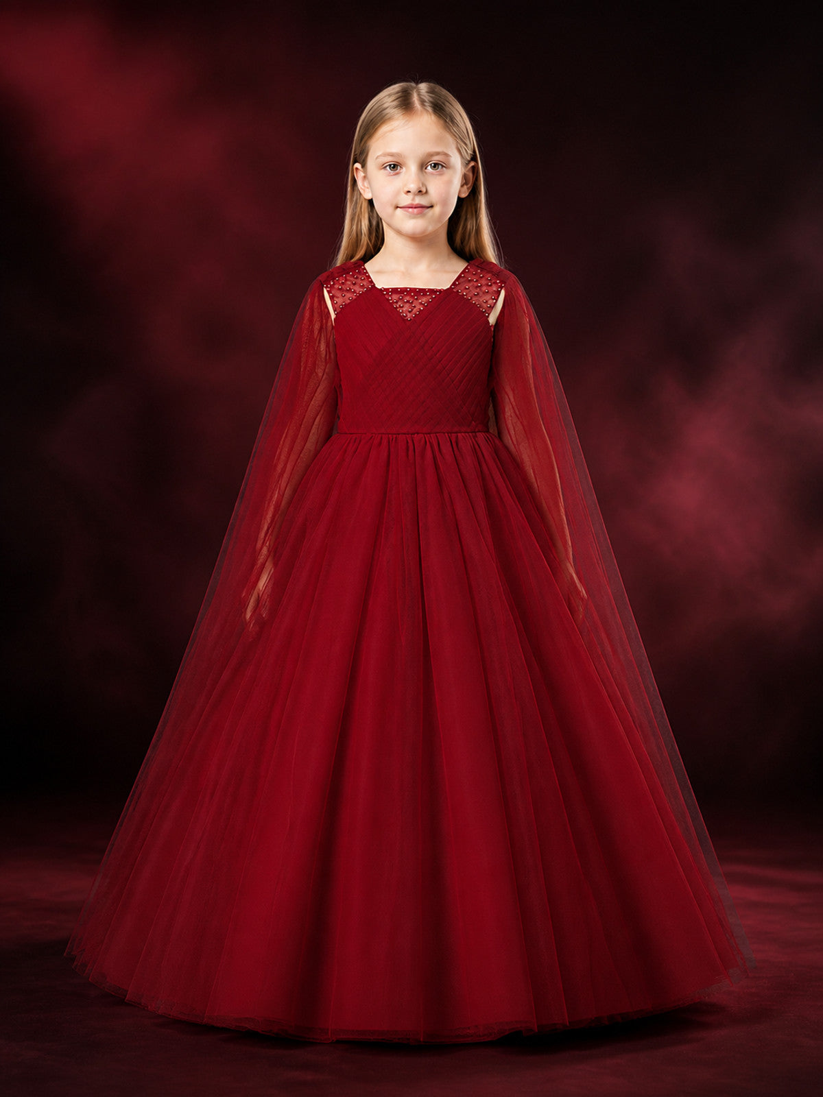 Girls' Burgundy Beaded Tulle Princess Dress, Sleeveless V-Neck Long Formal Gown main product view