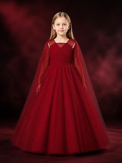 Girls' Burgundy Beaded Tulle Princess Dress, Sleeveless V-Neck Long Formal Gown main product view