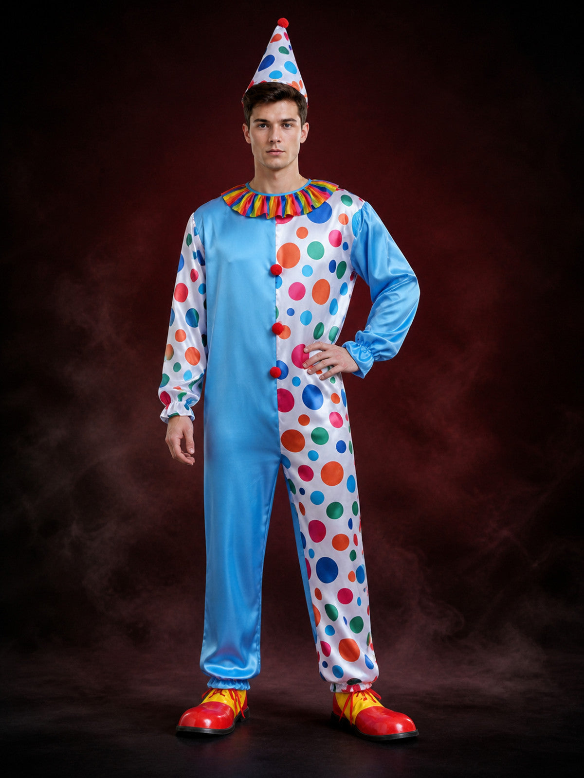 Adult Unisex Clown Jumpsuit Costume with Polka Dot Hat and Ruffle Collar for main product view