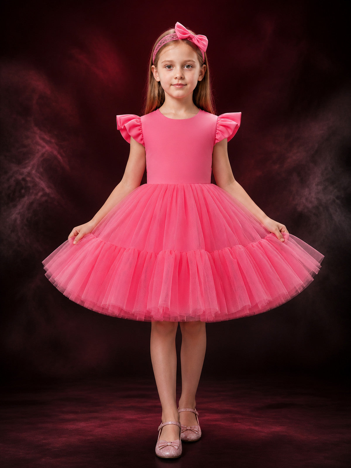 Girls' Princess Dress Set With Lace Bow Headpiece and Layered Tulle Skirt main product view