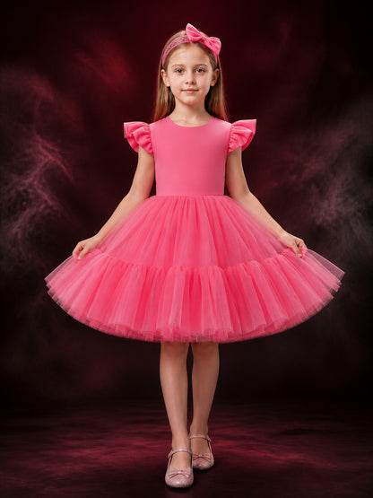 Girls' Princess Dress Set With Lace Bow Headpiece and Layered Tulle Skirt main product view