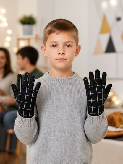 Black Carnival Gloves, Pair, White Checkered Pattern lifestyle view