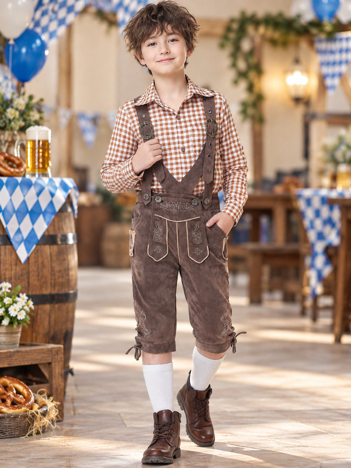 Gray Polyester Kids' Suspender Pants with Embroidery