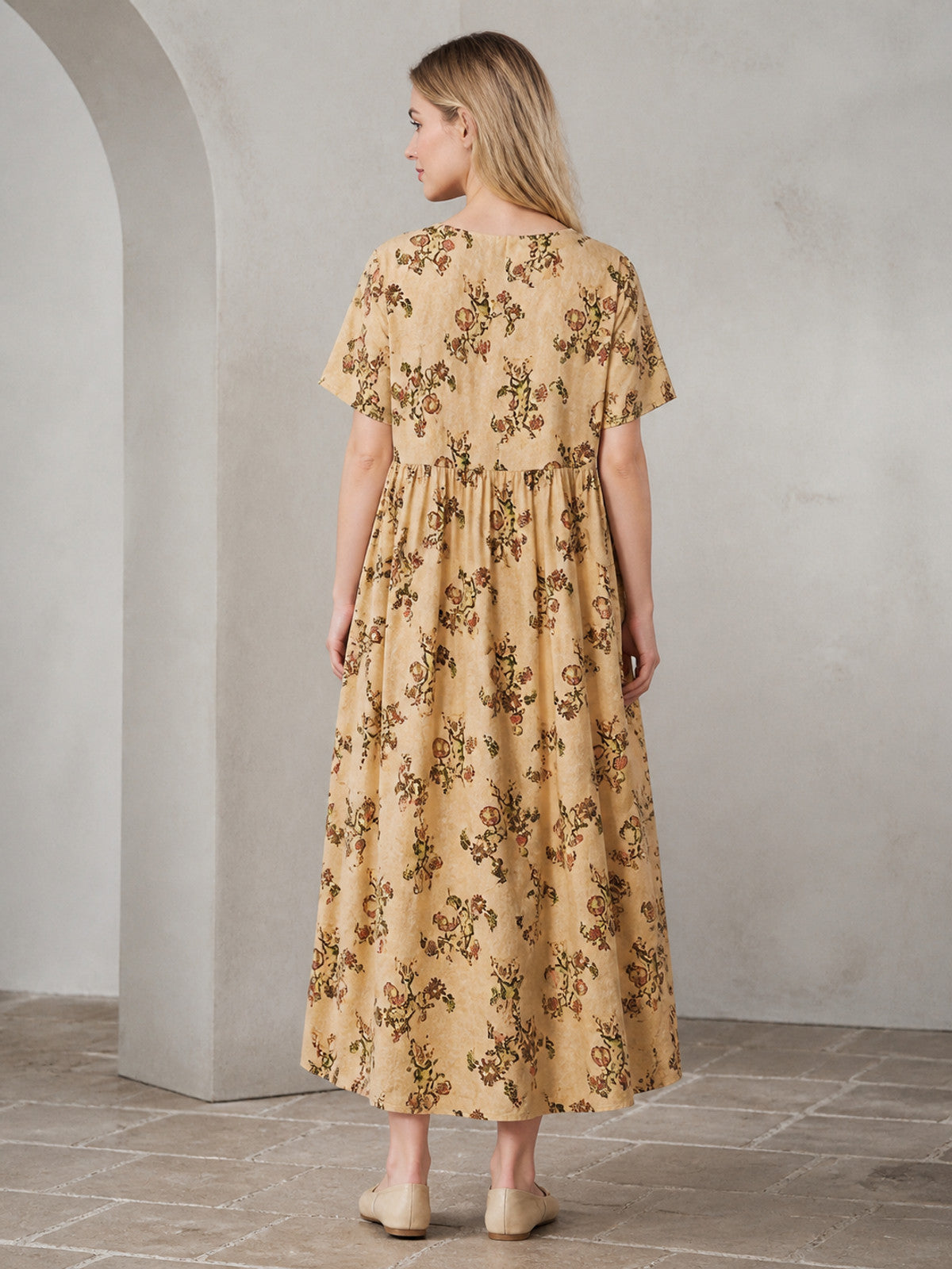 Full Body Floral Print Short Sleeve Loose Fit Long Dress with Waist Pleating and