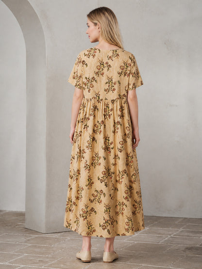 Full Body Floral Print Short Sleeve Loose Fit Long Dress with Waist Pleating and