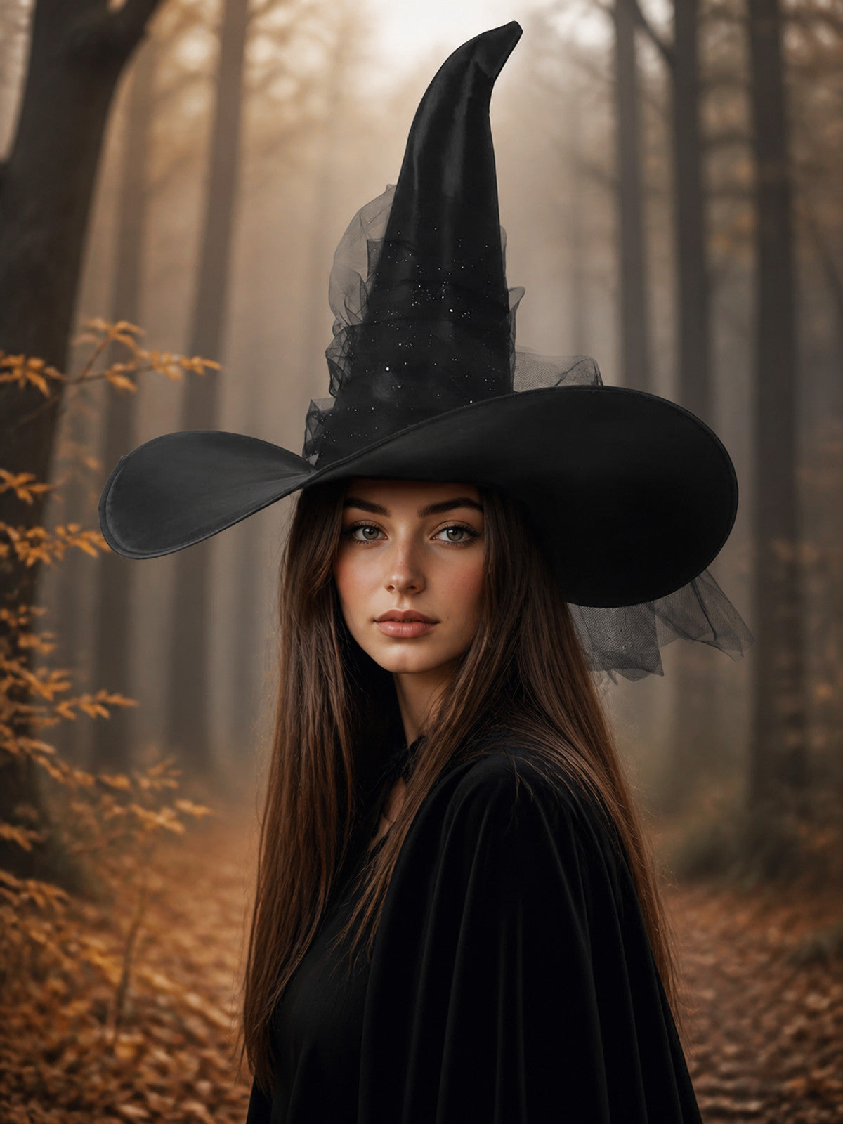 1pc Black Halloween Witch Hat Wide Brim Tall Pointed Wizard Cap with Mesh