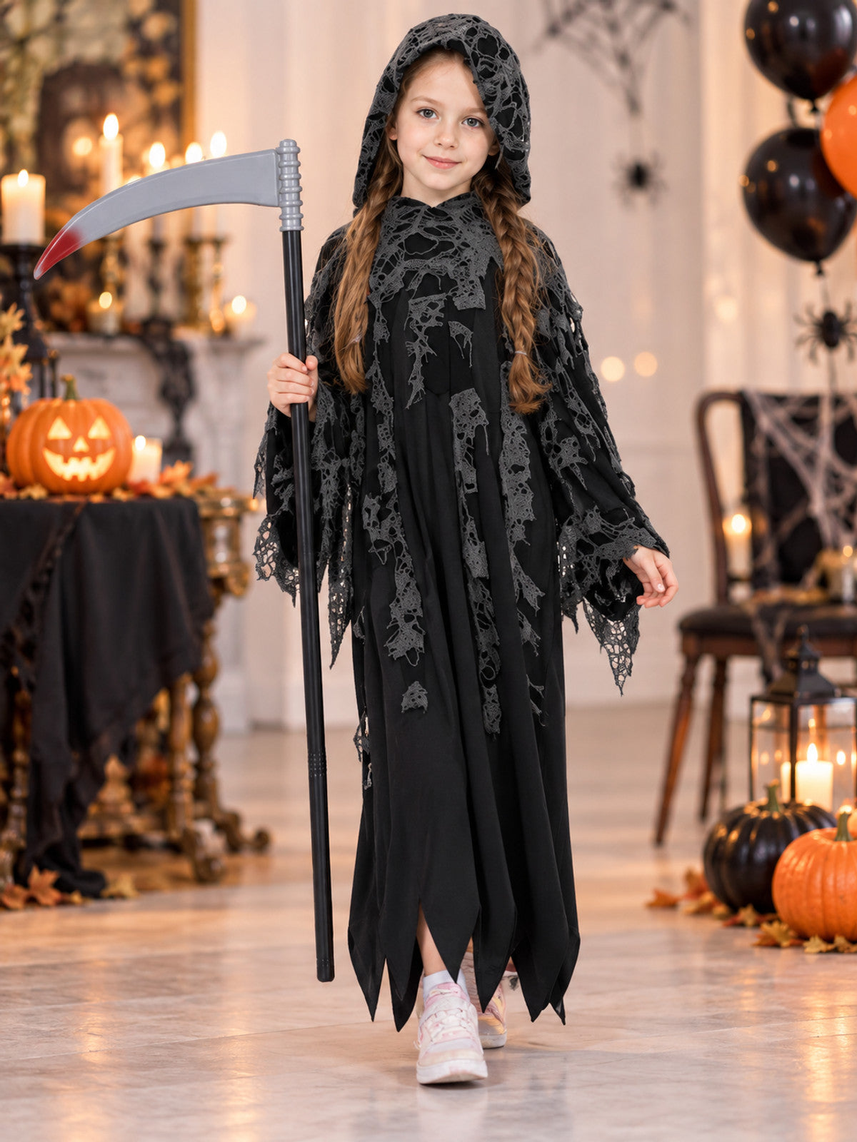 Kids' Vampire Halloween Costume with Hood and Spiderweb