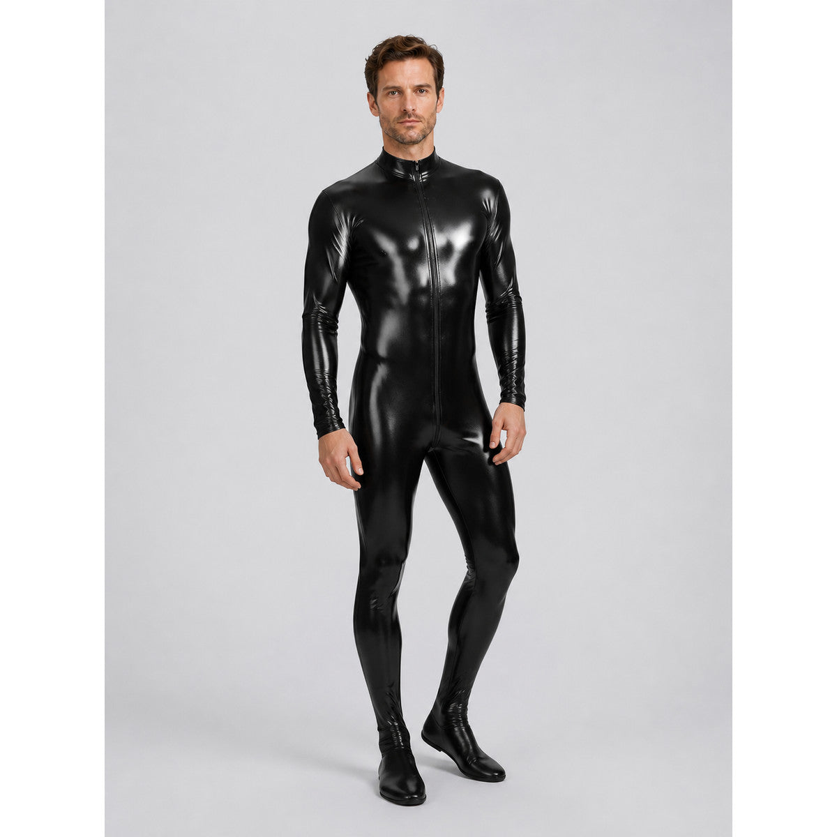 Black Glossy Form-Fitting Jumpsuit with Zipper for Stage product detail