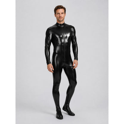 Black Glossy Form-Fitting Jumpsuit with Zipper for Stage product detail