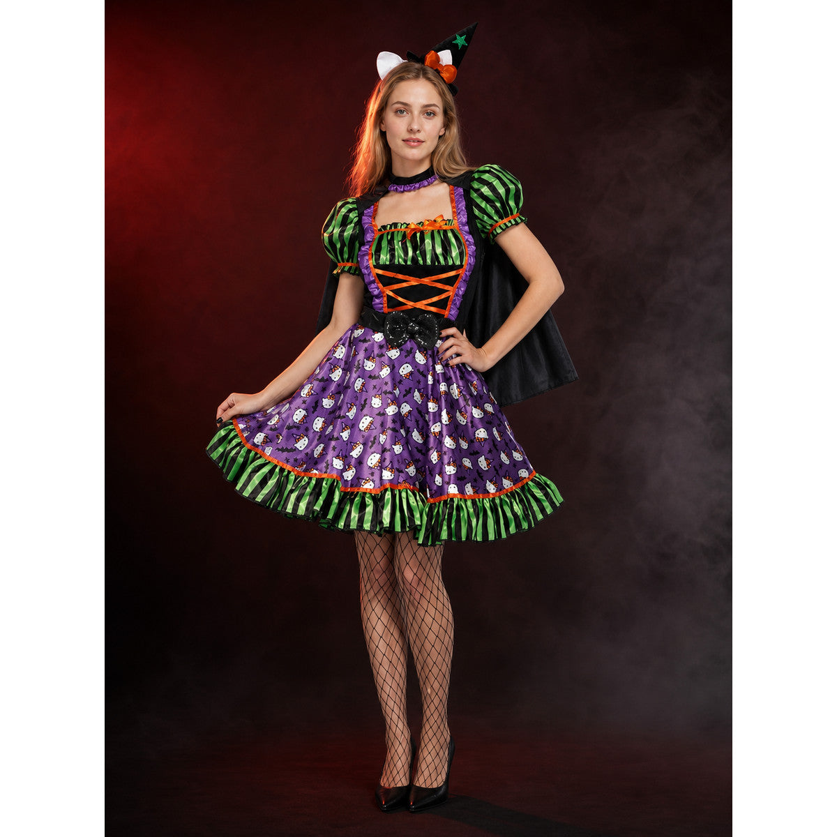 Women's Witch Costume Set with Cape and Hat, Purple Ghost Print Dress for main product view