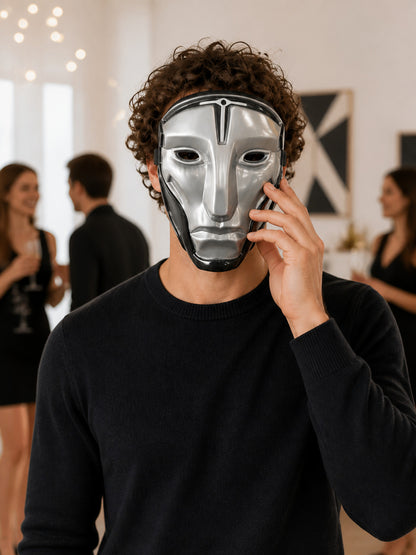 Silver and Black Robot Carnival Mask for Cosplay lifestyle view