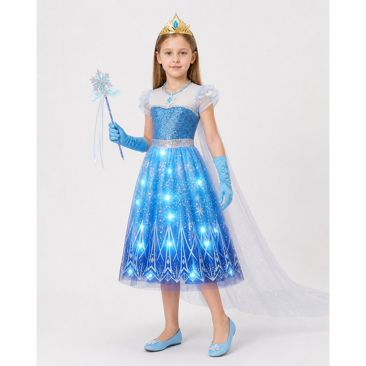 Glowing Elsa Costume with Crown and Snowflakes