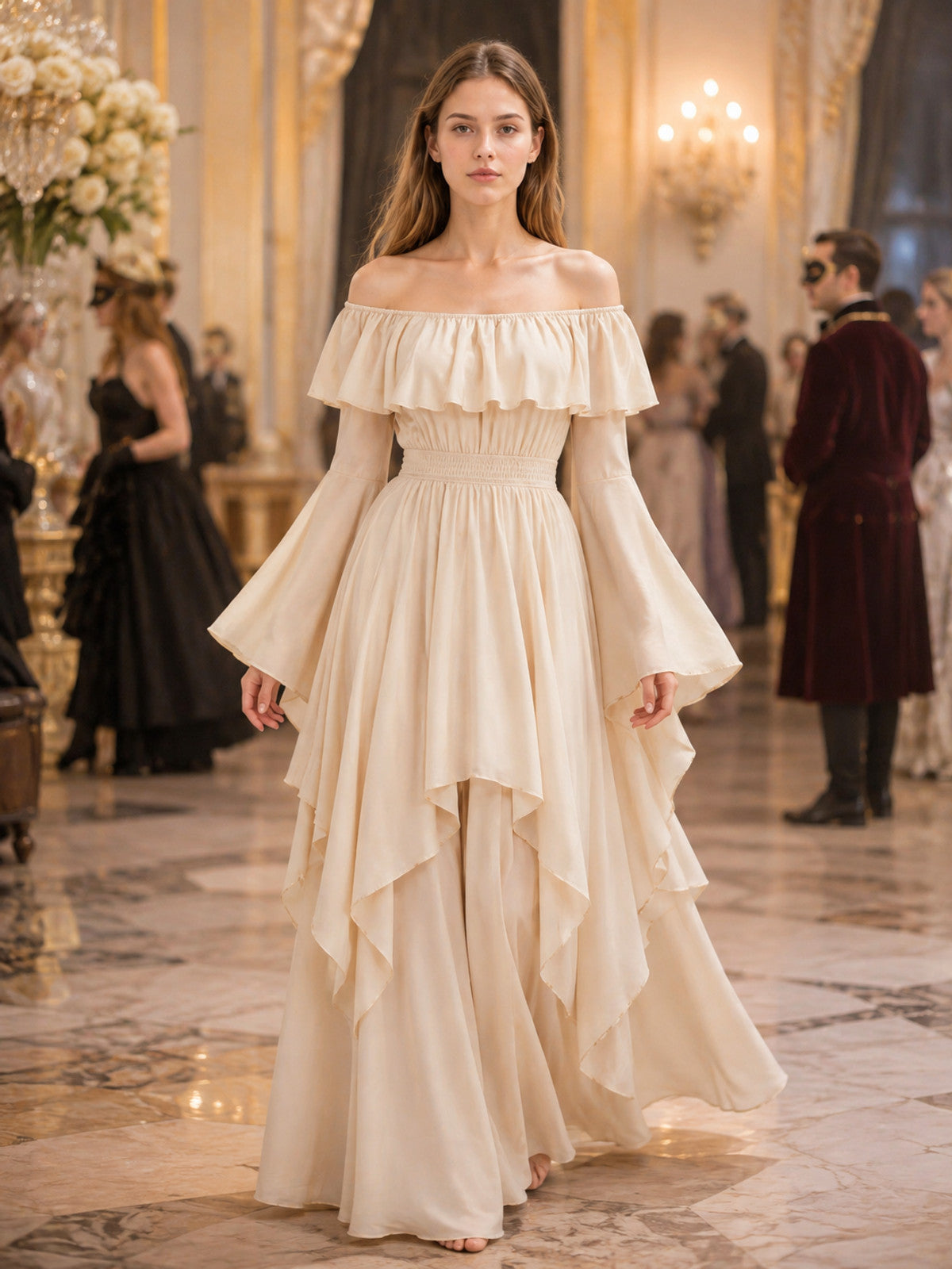 A-Line Dress with Off-the-Shoulder Neckline and Ruffle lifestyle view