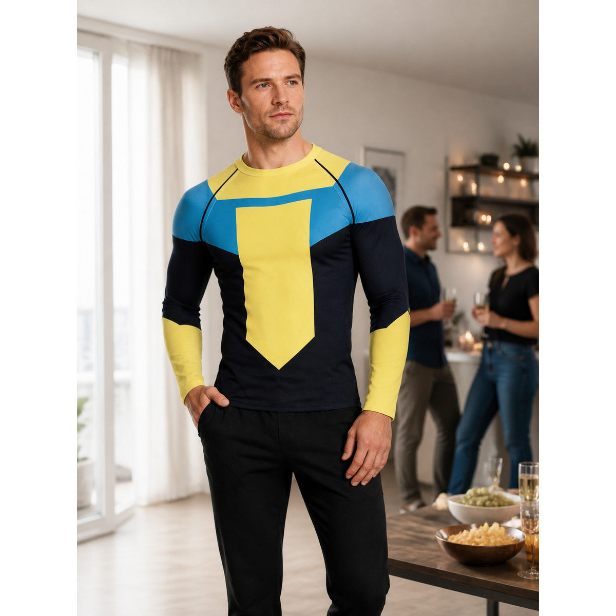 Cosplay Set: Black, Blue, and Yellow Long-Sleeve Shirt lifestyle view
