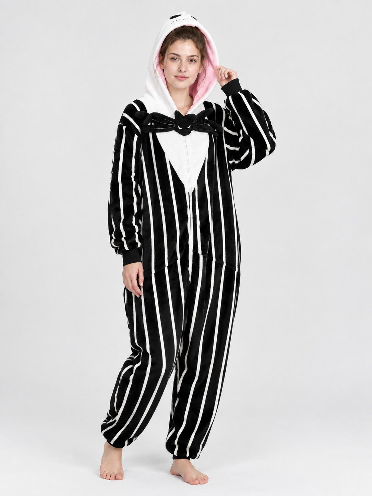 Hooded Jumpsuit Pajama with White Stripes