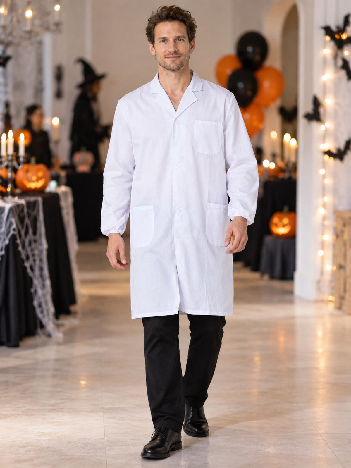 White medical coat with collar and long sleeves