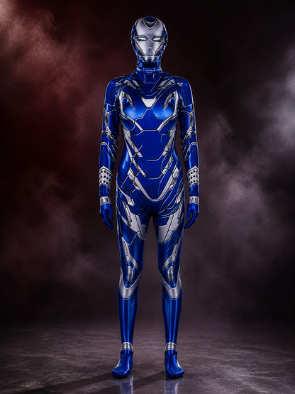 Blue Silver Armor Hooded Cosplay Bodysuit with Mask