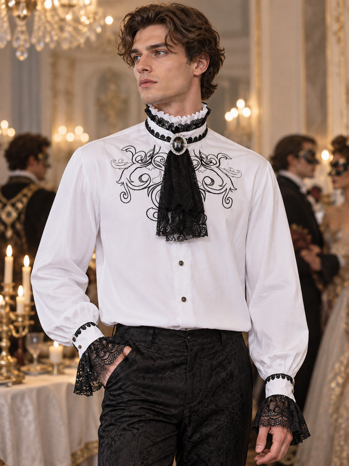 White Gothic-Style Shirt with Lace and Jabot