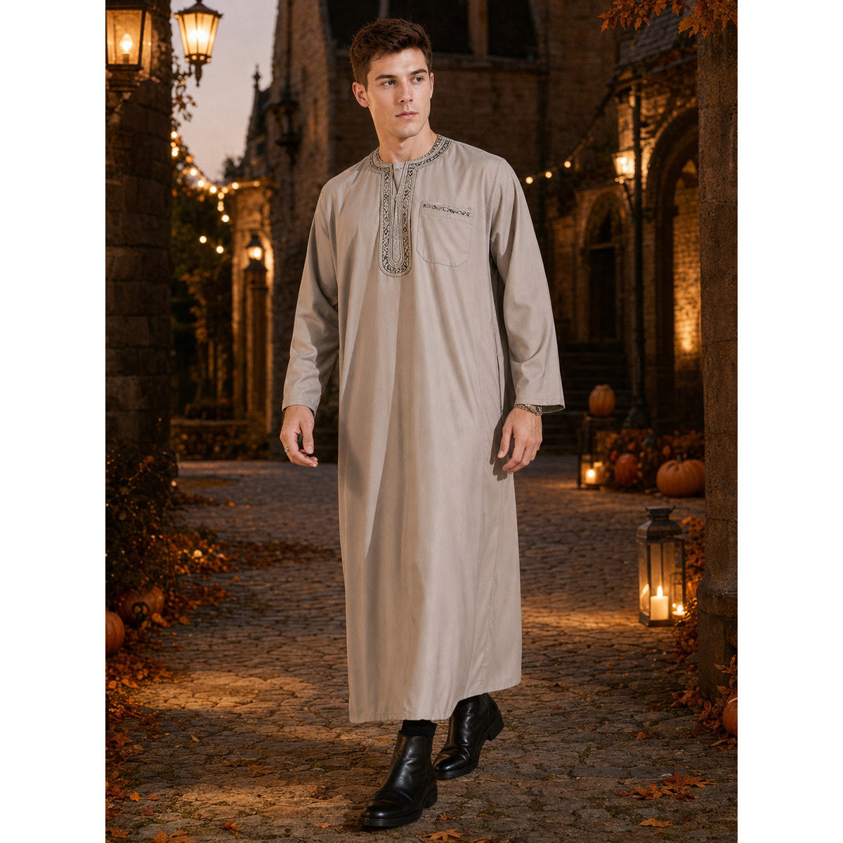 Modest Traditional Long Embroidered Robe, Loose Full-Length Design, Long Sleeves, Collarless Round Neck, lifestyle view