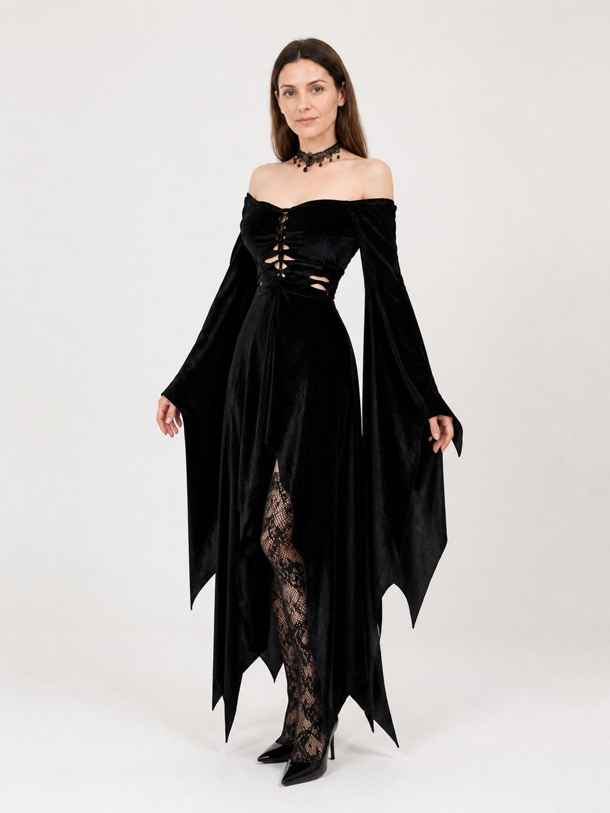 Black Gothic Dress: Off-the-Shoulder Design and Uneven Hem