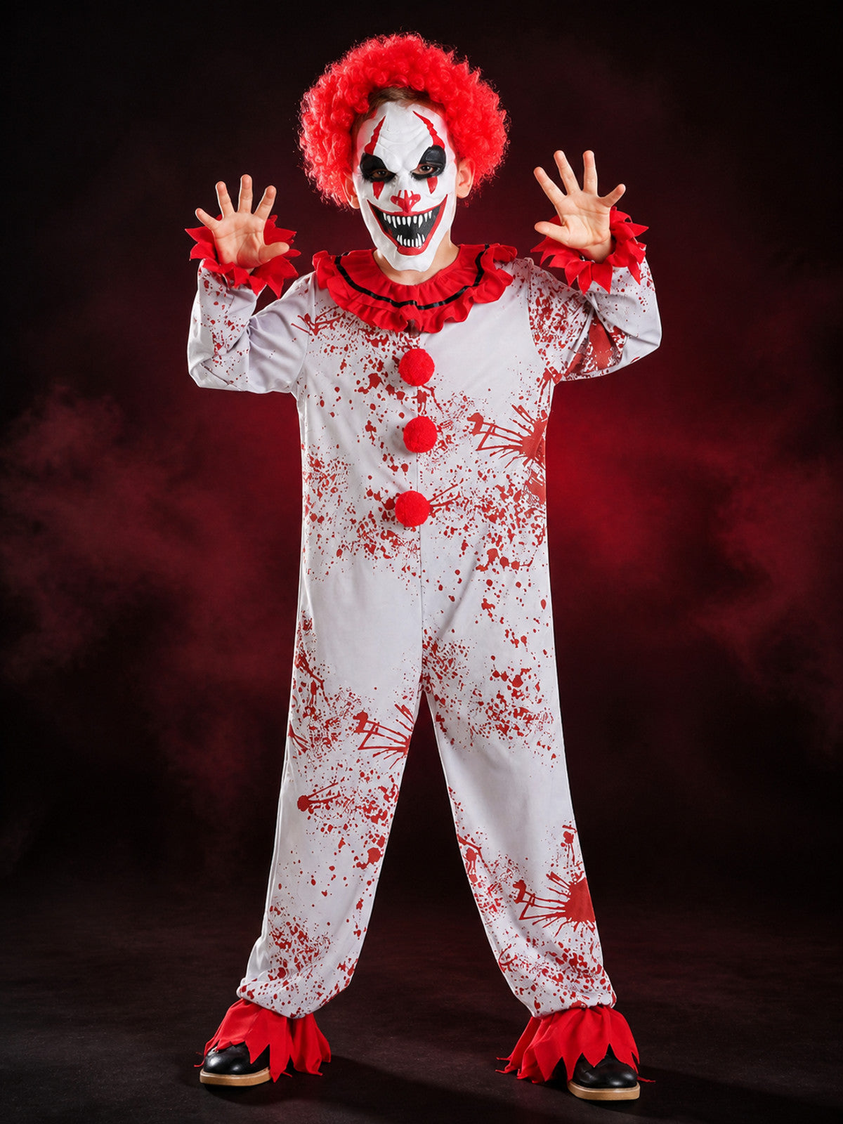 Kids' Scary Clown Bodysuit Costume with Red Ruffles, Halloween Outfit main product view