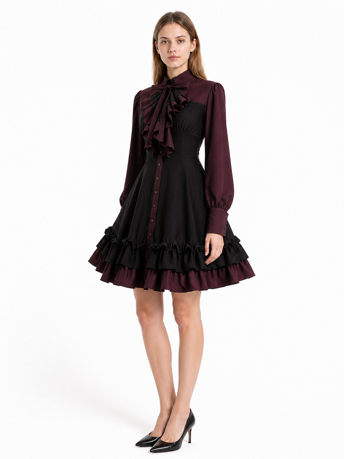 Black and Burgundy Dress with Ruffles and a High Collar